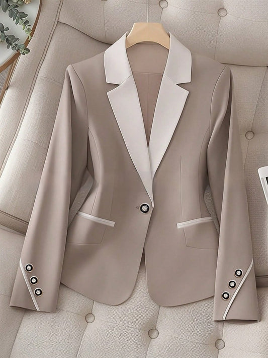 Professional Contrasting-Color Button Elegant Formal Blazer in beige with white lapels and pocket trim; single button, Ancient Energy