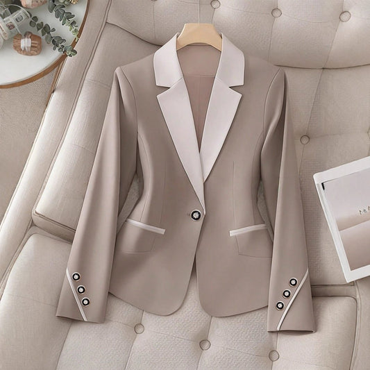 Ancient Energy blazer: beige with white contrast lapels, single-button, tailored formal jacket