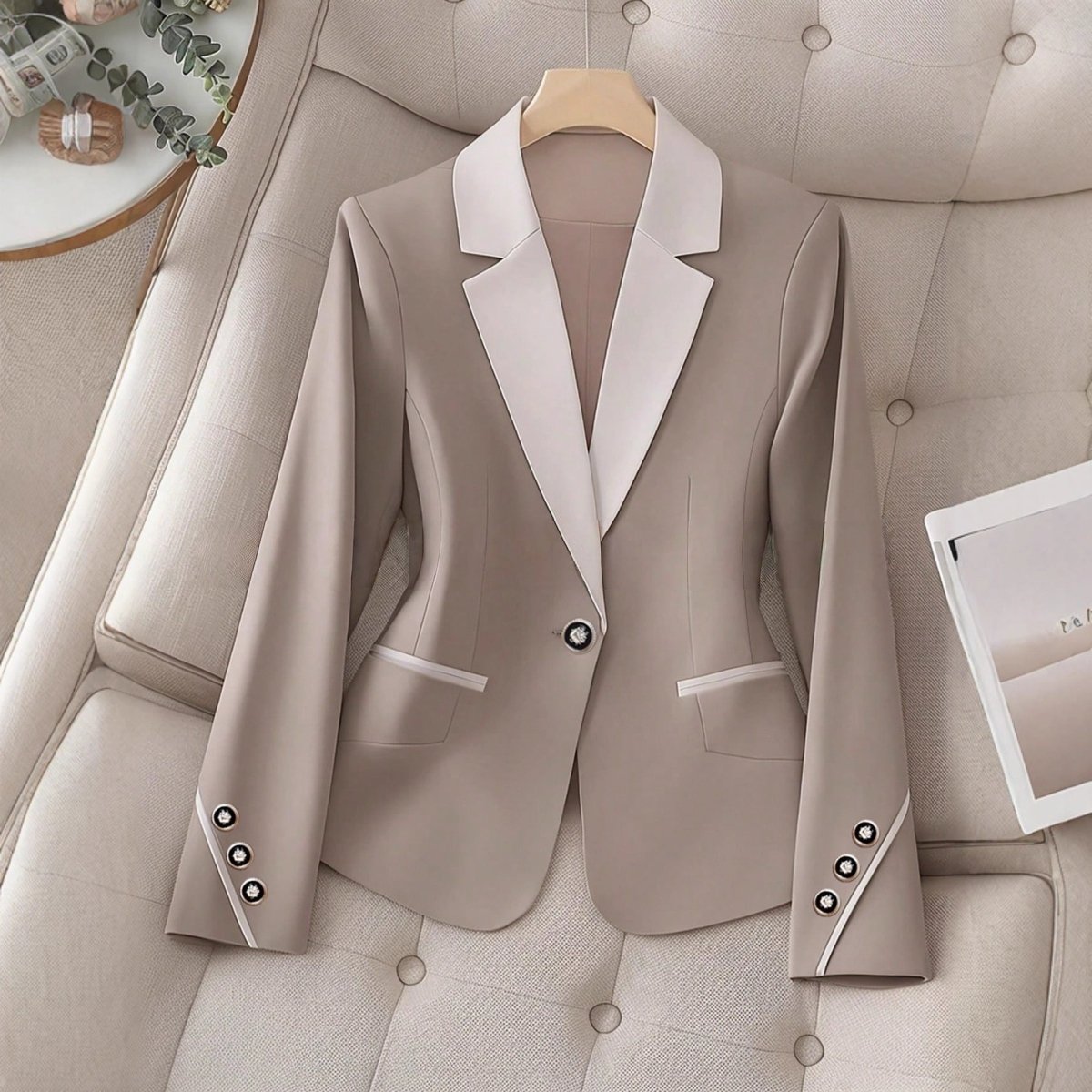 Professional Contrasting-Color Button Elegant Formal Blazer by Ancient Energy, beige with white lapels