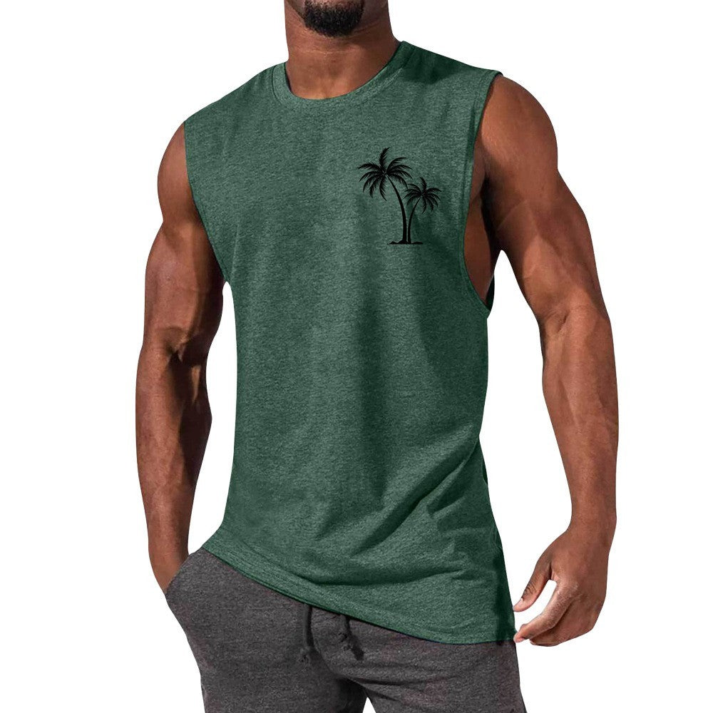 Coconut Tree Embroidery Vest Summer Beach Tank Tops Workout Muscle Men Sports Fitness T-shirt - MANDOTOS