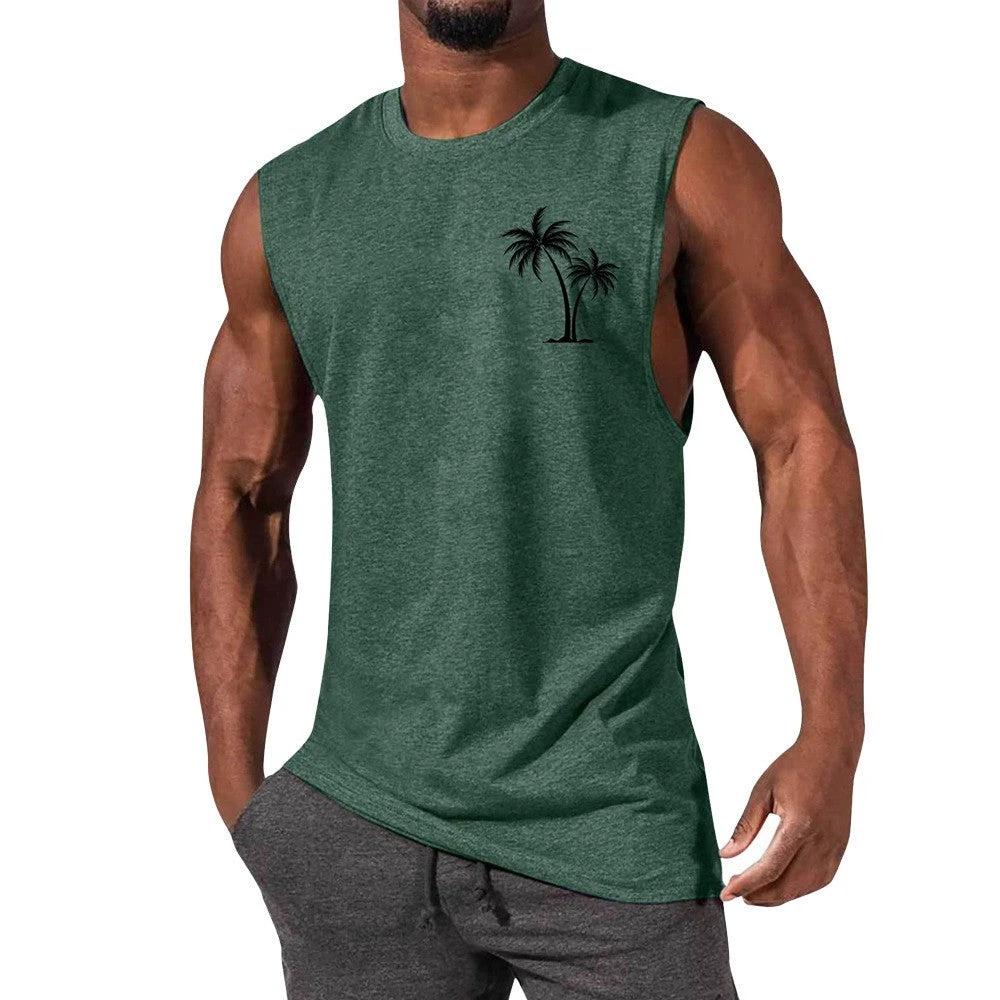 Mandotos Coconut Tree Embroidery Vest Men Tank Top For Summer Beach Workout Muscle Tee - MANDOTOS