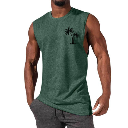 Coconut Tree Embroidery Vest Summer Beach Tank Tops Workout Muscle Men Sports Fitness T-shirt - MANDOTOS