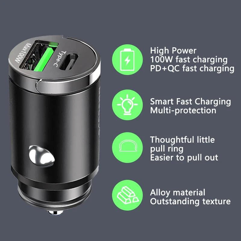 100W Mini Car Charger Lighter Fast Charging for iPhone QC3.0 Mini PD USB Type C Car Phone Charger for Xiaomi Samsung Huawei - MANDOTOS