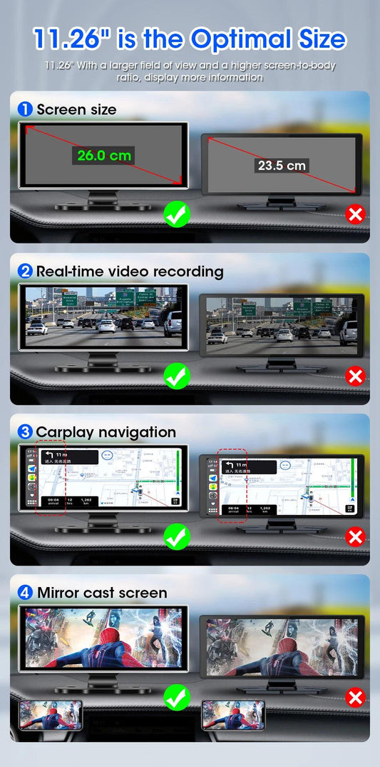 10/11.26 inch Dash Cam 4K Car DVR Wireless Carplay & Android Auto GPS Navigation Video Recorder Dashboard Dual Lens Wifi FM AUX - MANDOTOS