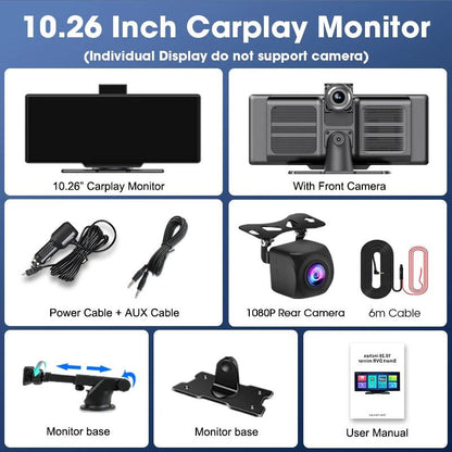10.26'' Dash Cam 4K Car Mirror Video Player Wireless Carplay Android Auto GPS Car Monitor Multimedia Rearview Camera Dashboard - MANDOTOS