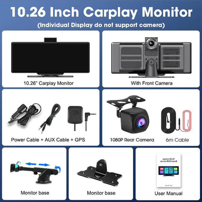 10.26'' Dash Cam 4K Car Mirror Video Player Wireless Carplay Android Auto GPS Car Monitor Multimedia Rearview Camera Dashboard - MANDOTOS