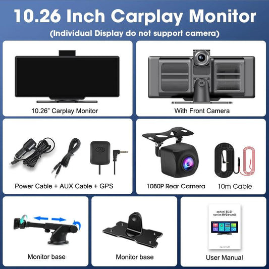 10.26'' Dash Cam 4K Car Mirror Video Player Wireless Carplay Android Auto GPS Car Monitor Multimedia Rearview Camera Dashboard - MANDOTOS
