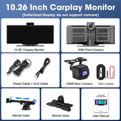 10.26'' Dash Cam 4K Car Mirror Video Player Wireless Carplay Android Auto GPS Car Monitor Multimedia Rearview Camera Dashboard - MANDOTOS