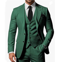 Men's green three-piece suit with jacket, waistcoat, trousers, white shirt, black tie, and black pocket square.