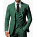 Men's green three-piece suit with jacket, waistcoat, trousers, white shirt, black tie, and black pocket square.