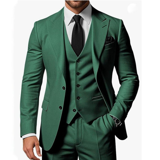 Men's green three-piece suit with jacket, waistcoat, trousers, white shirt, black tie, and black pocket square.