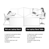 Foldable Laptop Stand Ergonomic Desk Tablet Holder by Ancient Energy, illustration showing use vs not using the stand.