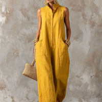 Linen Blend Sleeveless Stand-Collar Jumpsuit – 5 Colors S–3XL