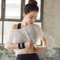 Women Yoga Shirt Hollow Out Mesh Blouse Crop Tops Sports Running Tshirt Breathable Fitness Tops Gym Clothing for Women - MANDOTOS INTERNATIONAL0