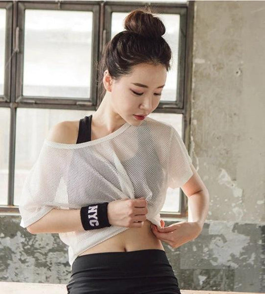 Women Yoga Shirt Hollow Out Mesh Blouse Crop Tops Sports Running Tshirt Breathable Fitness Tops Gym Clothing for Women - MANDOTOS INTERNATIONAL0