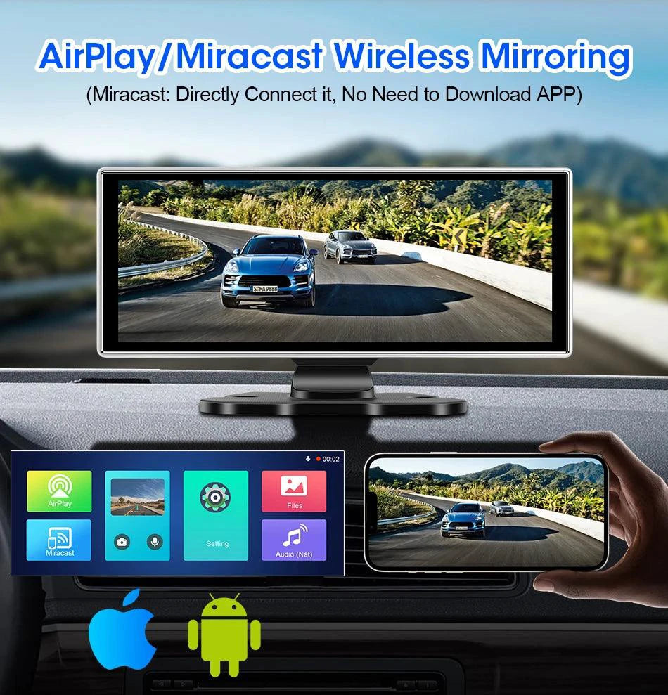 11.26 inch Car DVR 4K Dash Cam Dual Lens Wireless Carplay & Android Auto Video Recorder Monitor GPS Navigation 5G Wifi FM AUX - MANDOTOS
