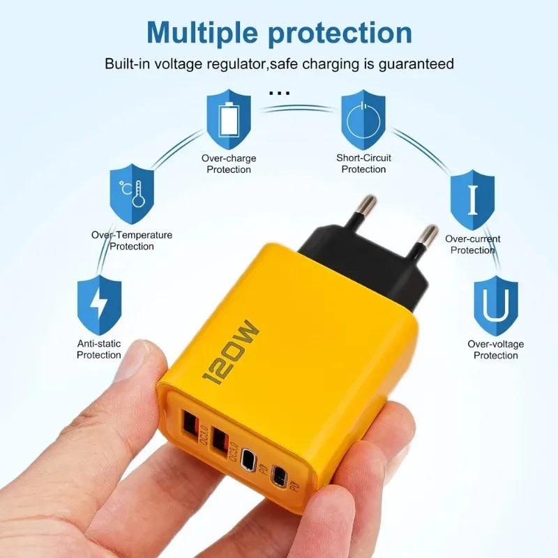 120W Fast Charging 4 Ports Mobile Phone Charger QC3.0 USB Type C Chargers Dual PD Wall Adapter EU/US/UK Plug for iPhone15 Xiaomi - MANDOTOS
