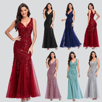 Sexy Long Dress Sleeveless V-neck Embroidered Sequin Slim Mermaid Dress MANDOTOS