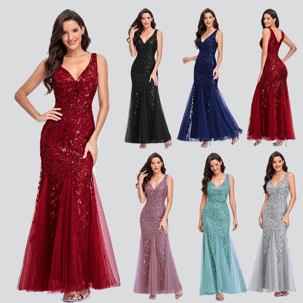 Sexy Long Dress Sleeveless V-neck Embroidered Sequin Slim Mermaid Dress MANDOTOS