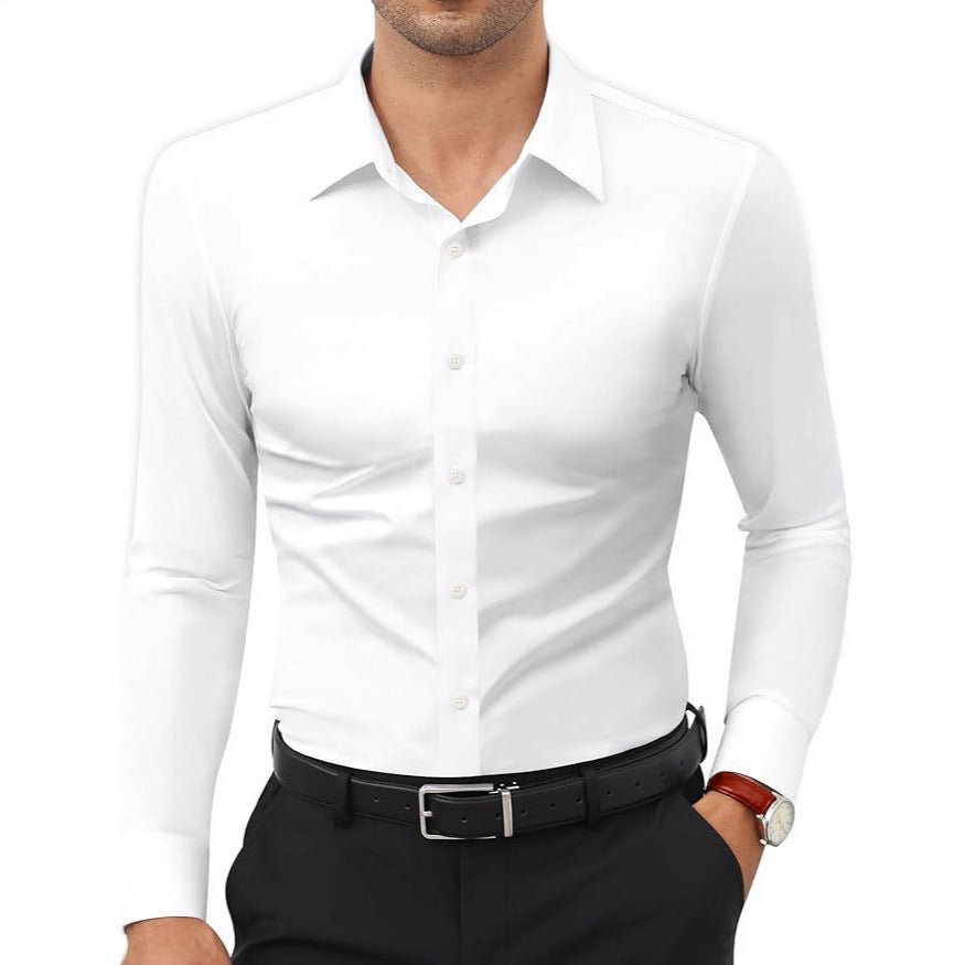 Ancient Energy men's slim-fit white solid-color work shirt, long-sleeve, button-down