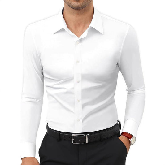 Ancient Energy men's slim-fit white solid-color work shirt, long-sleeve, button-down