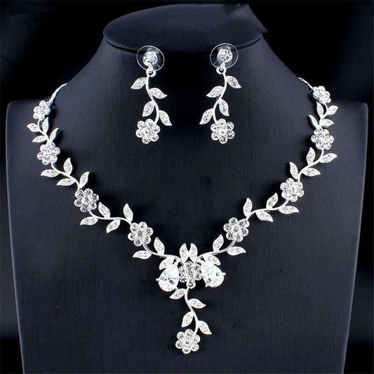 Golden Zircon Jewelry Set Bridal Necklace Earrings Wedding Two - piece Set - MANDOTOS INTERNATIONAL0