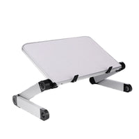 Foldable laptop stand, ergonomic desk/tablet holder, silver aluminum with adjustable arms.