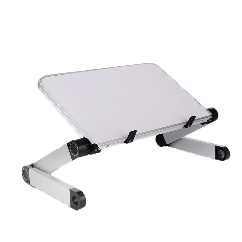 Foldable laptop stand, ergonomic desk/tablet holder, silver aluminum with adjustable arms.
