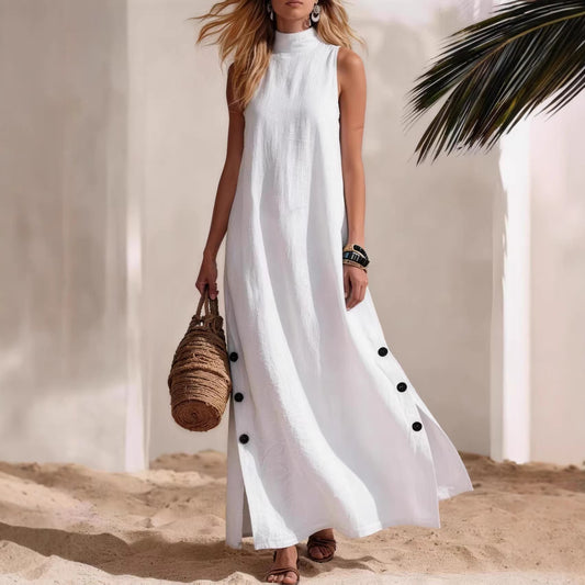 Cotton Linen Sleeveless Midi Dress – Side Slits & Loose Fit