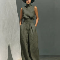 Women’s Cotton Linen Two-Piece Set – Sleeveless Top & Wide-Leg Pants