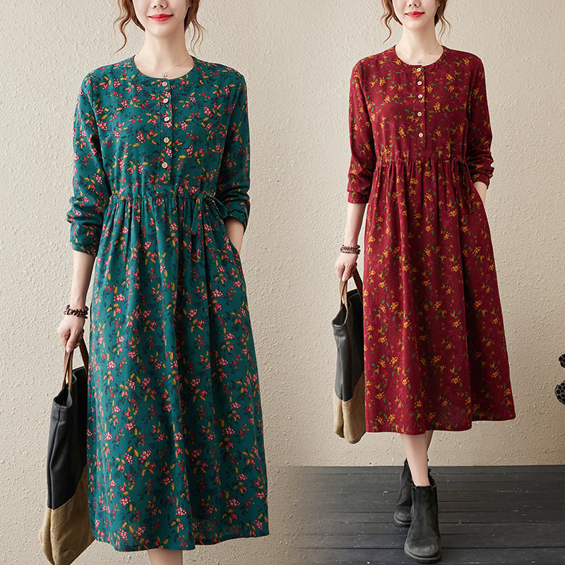 Retro Blossom Cotton-Linen Maxi Dress