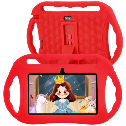 7-Inch children's tablet PC in red silicone protective case with cartoon princess on screen