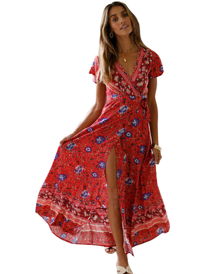 Mandotos International Tropical Bloom Maxi Dress with vibrant floral pattern and flowing fabric, perfect for summer occasions.