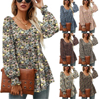 Long Puff Sleeve Tops Women Flowers Print Casual V - Neck Blouse T-Shirts Babydoll Tops - MANDOTOS INTERNATIONAL0