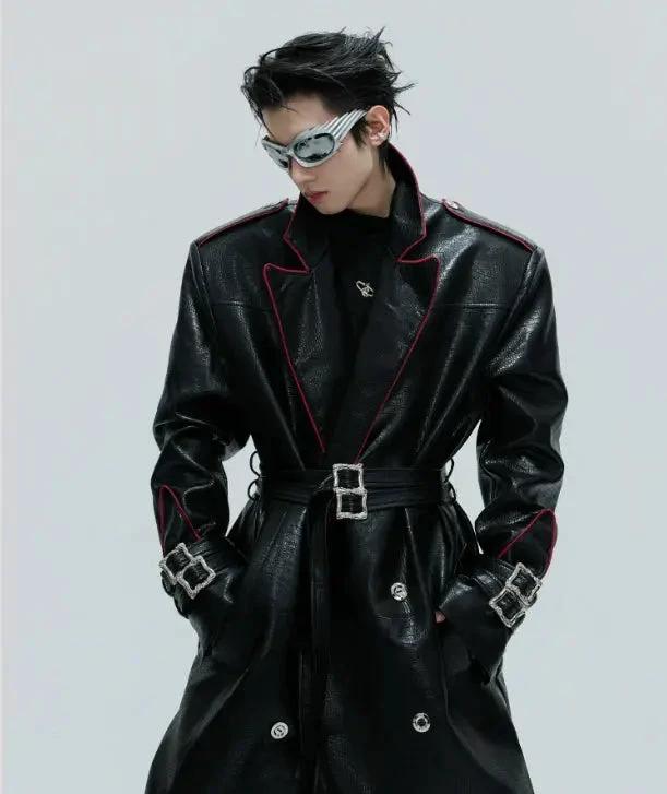 Wide Shoulder Fur Metal Belt Waist Long-cut Coat - MANDOTOS