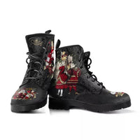 Gothic Print Vegan Leather Combat Boots, black lace-up pair with red figure illustrations.