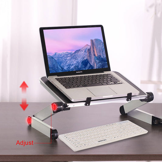 Foldable laptop stand by Ancient Energy with adjustable height and silver metal frame.