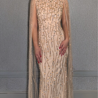Faramah Drape Sleeves Embellished Fitted Sequin Modest Evening Dress