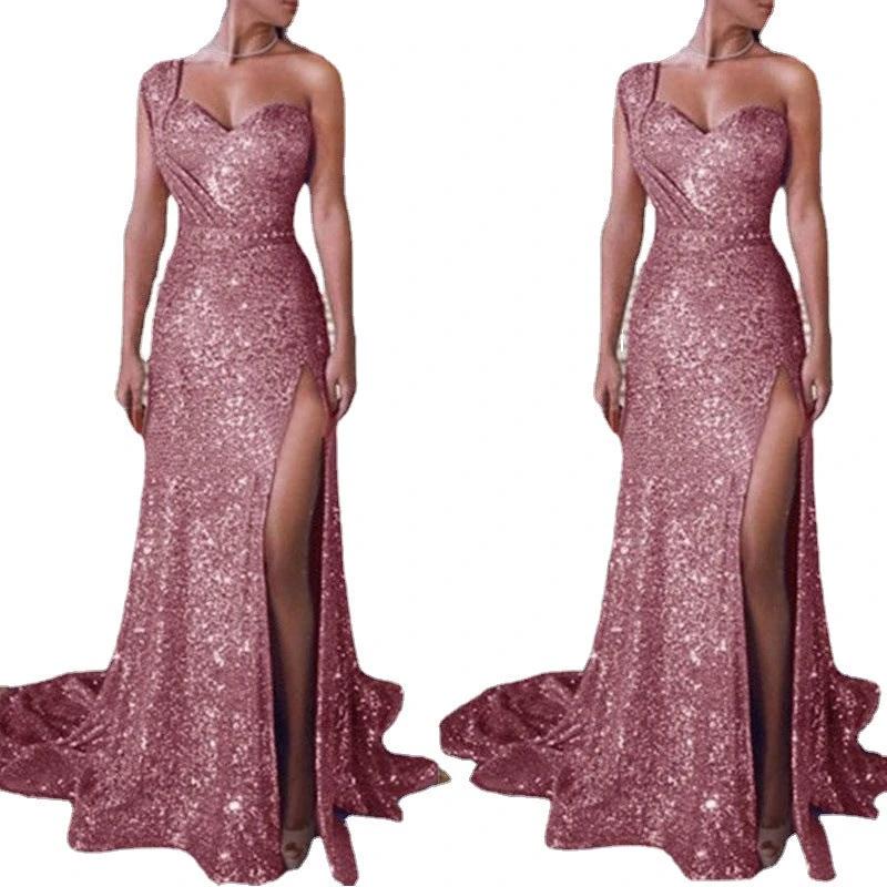 Women's Clothing One-shoulder Sleeveless Bronzing Split Dress MANDOTOS