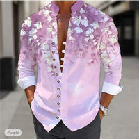 Men's 3D printed shirt top in purple-pink gradient with white floral pattern, button-front with rolled cuffs