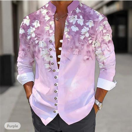 Men's 3D printed shirt top in purple-pink gradient with white floral pattern, button-front with rolled cuffs