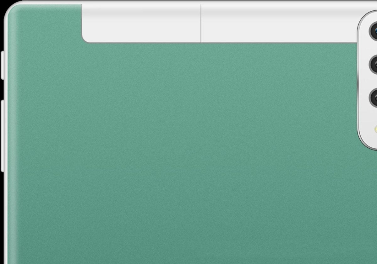 Tablet PC back in green (10-inch) with a vertical triple-camera array on the right edge.