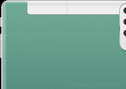 Tablet PC back in green (10-inch) with a vertical triple-camera array on the right edge.
