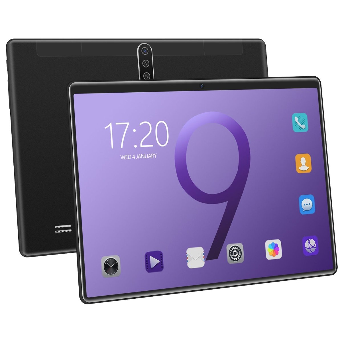10-inch black tablet PC shown in front and back views with a vertical triple-camera rear module.