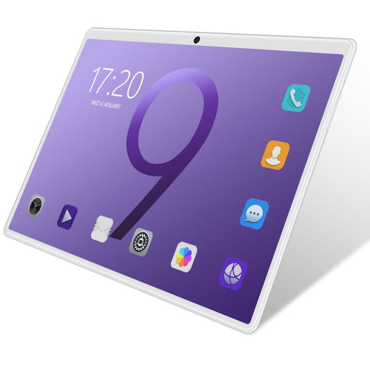 New 10-inch tablet PC with white bezel, front camera, and purple display showing app icons on the home screen.
