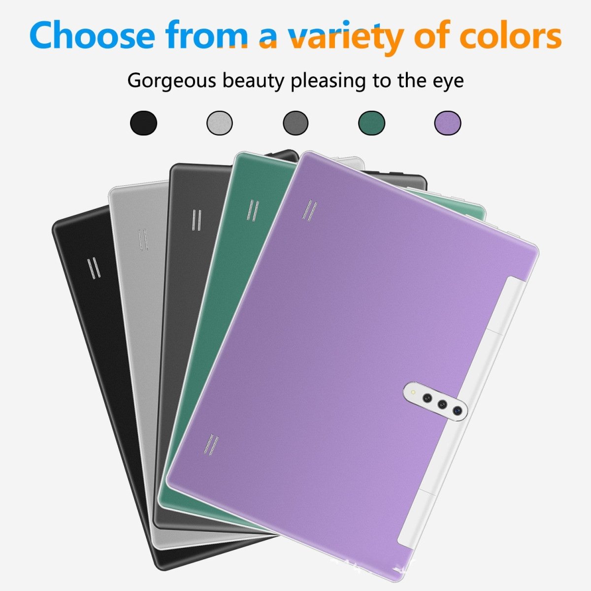 Tablet PC 10-inch color-variant lineup; six back-cover colors with a purple-front device