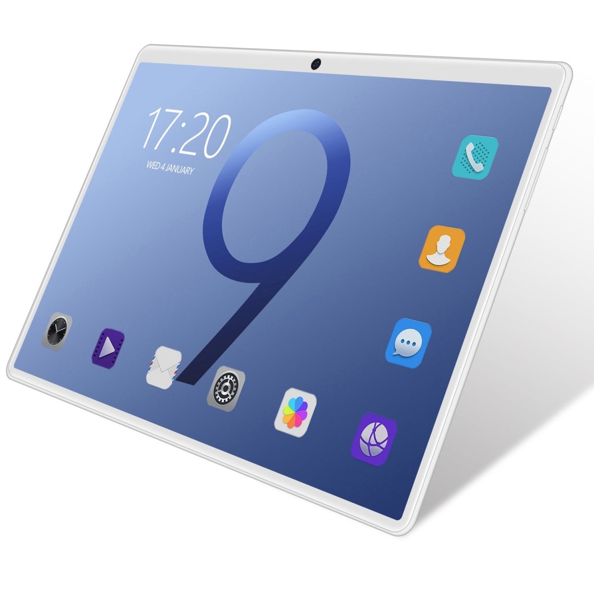 Tablet PC, 10-inch tablet with slim white bezel and front camera, home screen icons