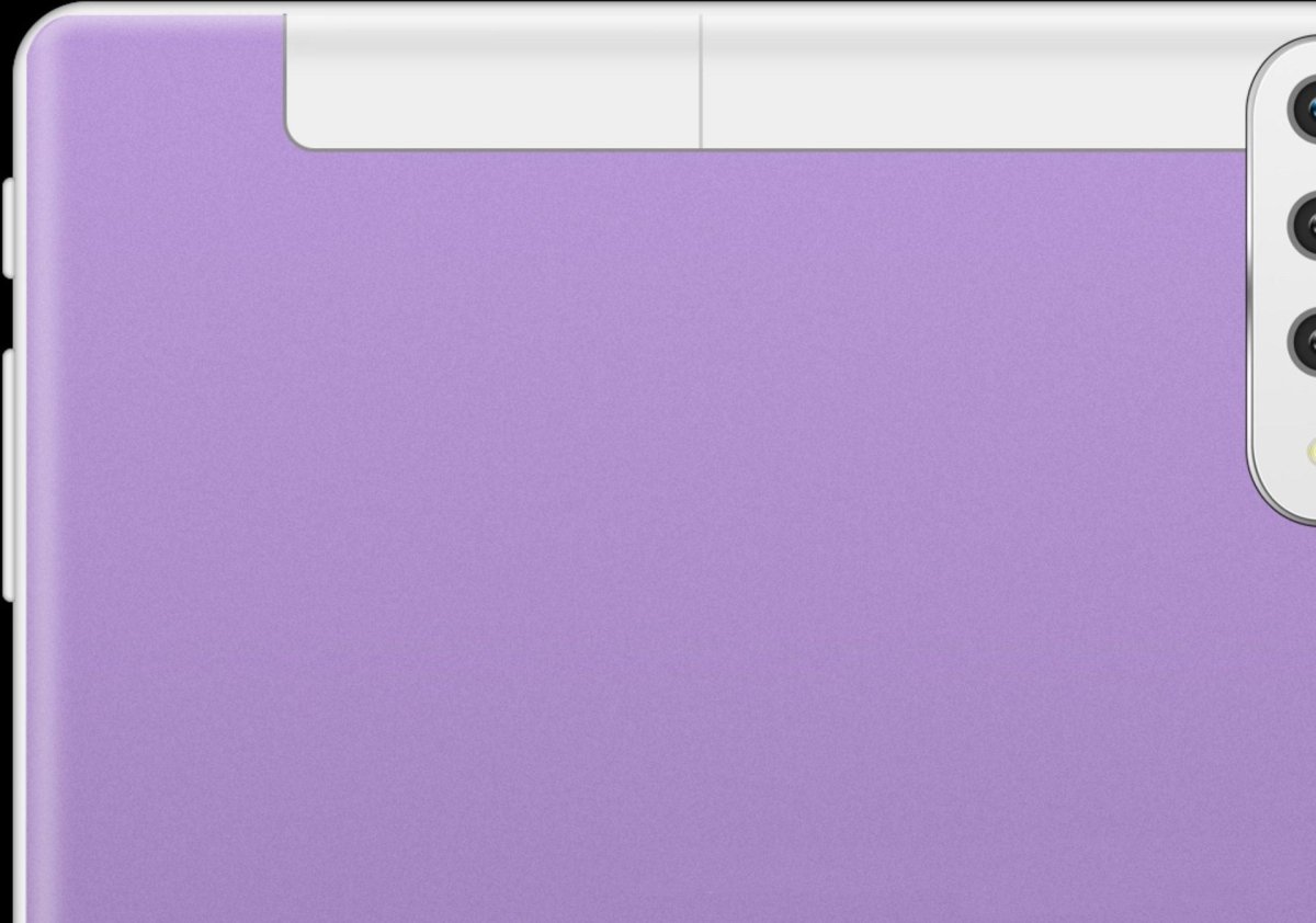 Tablet PC back in purple with white top edge and right-side triple-camera module; Ancient Energy brand.