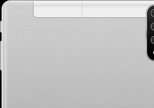 New Tablet PC, silver back with triple-camera module on the right edge.
