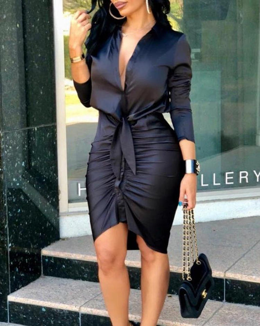 Women Lace-up Solid Color Long Sleeve Midi Dress Shirt Dress Elegant Fashion Party Dress MANDOTOS